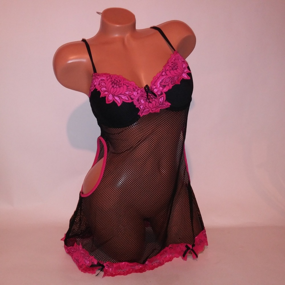 Just Sexy Lingerie Babydoll Chemise XL Black Pink Fishnet Cutout Sides Padded